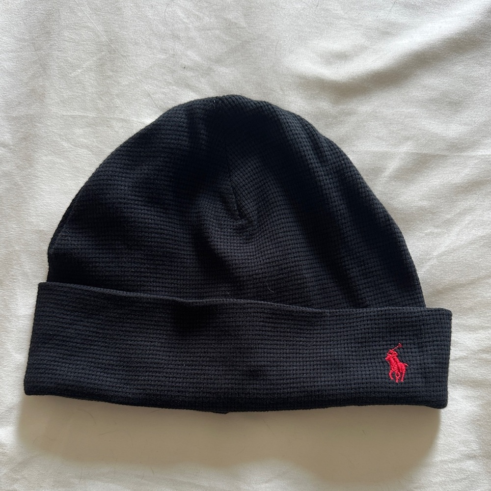 Ralph Lauren Black Knit Beanie with Red Emblem